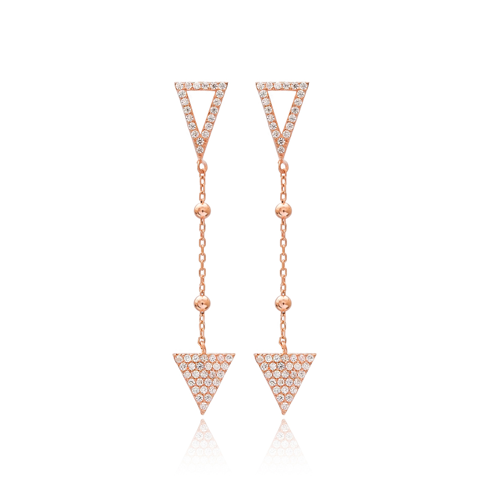 Triangle Geometric Shape Zircon Stone Design Long Earrings Turkish Handcrafted Wholesale Jewelry 925 Silver Sterling Earrings