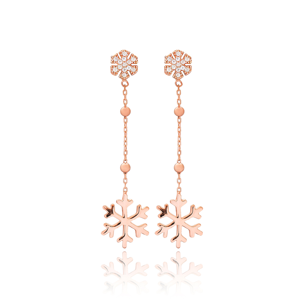 Snowflake Design Zircon Stone Long Earrings Turkish Handmade Wholesale 925 Silver Sterling Earrings