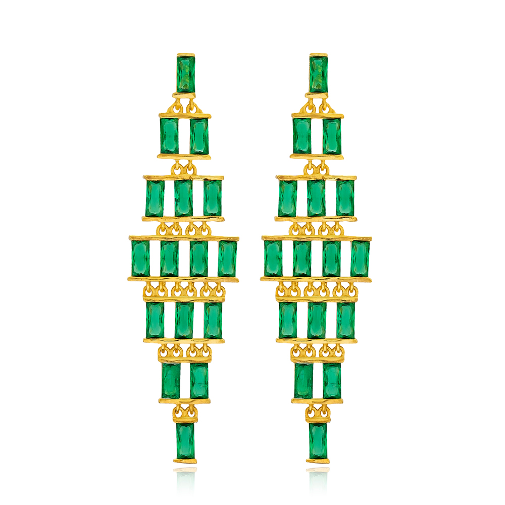 Emerald Stone Baguette Turkish Handmade Wholesale 925 Sterling Silver Long Earrings