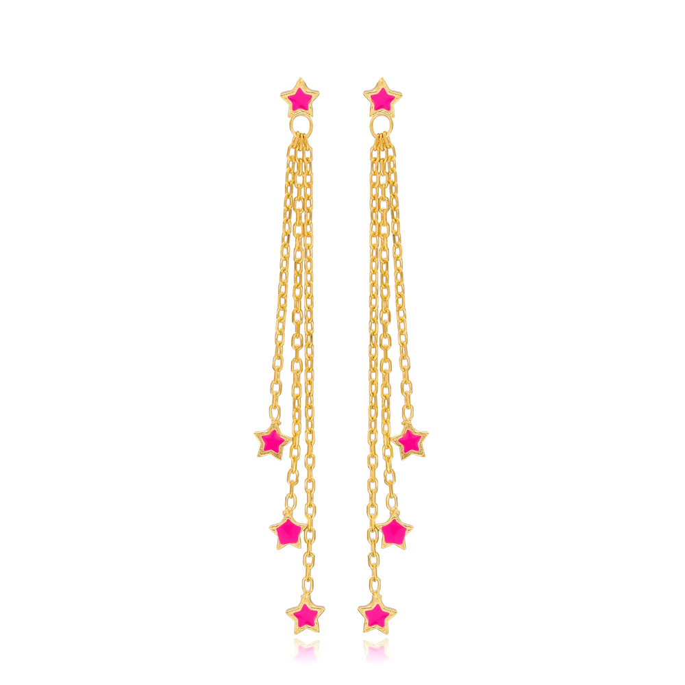 Pink Enamel Minimal Star Design Charm Long Earrings Turkish Handmade Wholesale Jewelry 925 Silver Sterling Jewelry