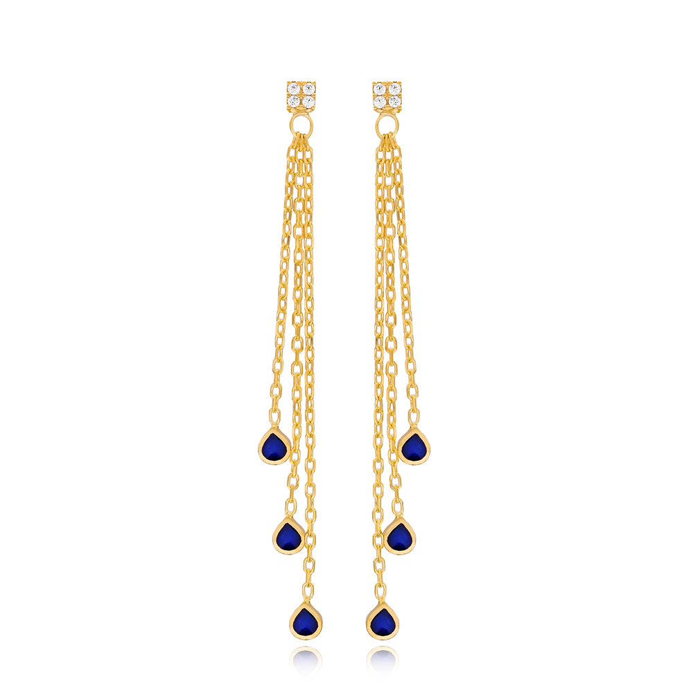 Blue Enamel Minimal Drop Design Charm Long Earrings Wholesale Turkish Handmade 925 Silver Sterling Jewelry