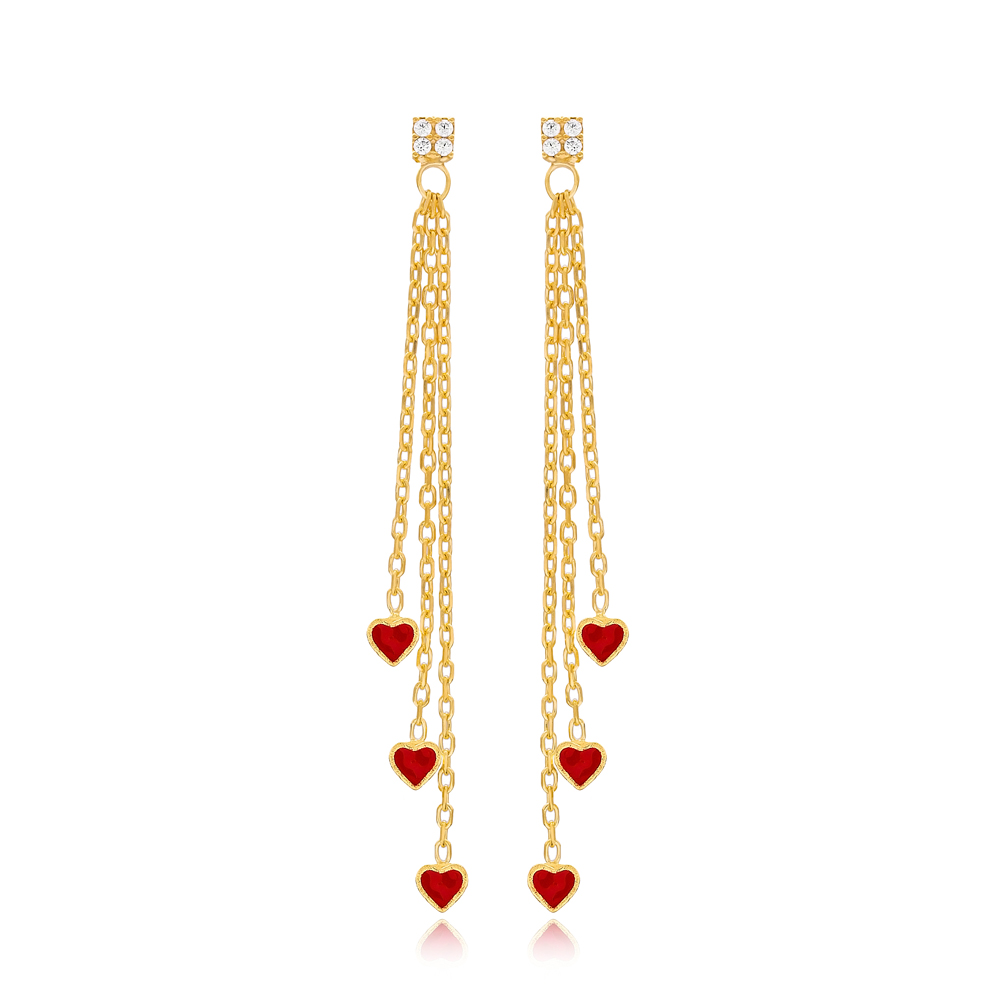 Red Enamel Minimal Heart Design Charm Long Earrings Wholesale Turkish Handmade 925 Silver Sterling Jewelry