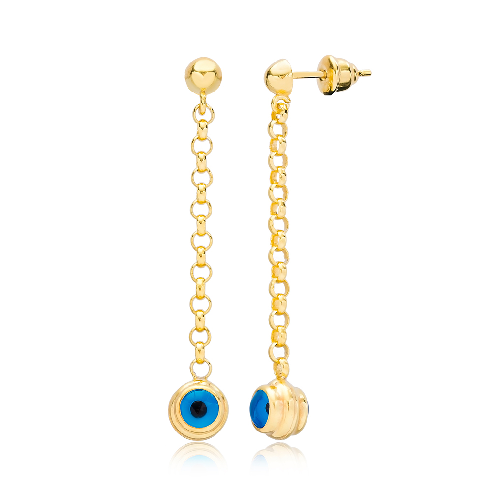 Ø3 mm Sized Chain Evil Eye Long Earrings Wholesale Turkish Handmade 925 Silver Sterling Jewelry