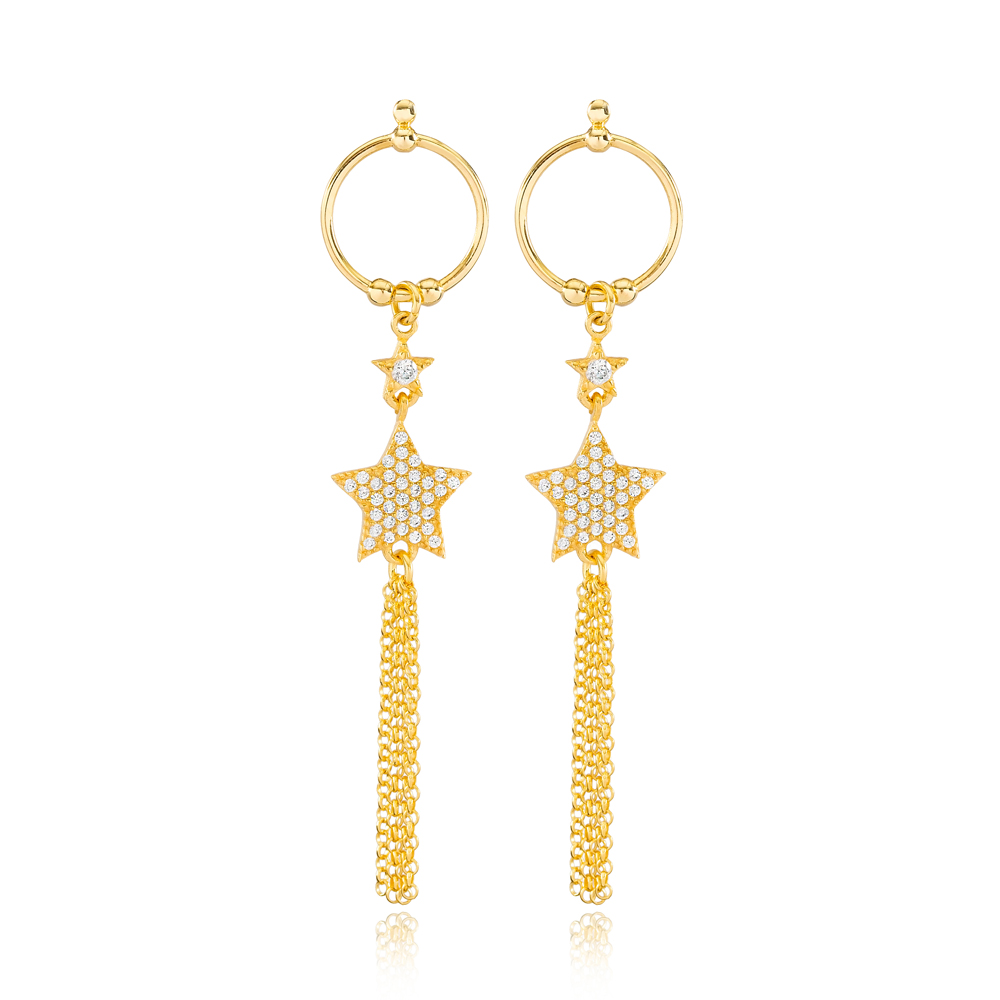 Star and Round Hollow Design Tassel Earrings Wholesale Turkish Handmade 925 Sterling Silver Jewelry