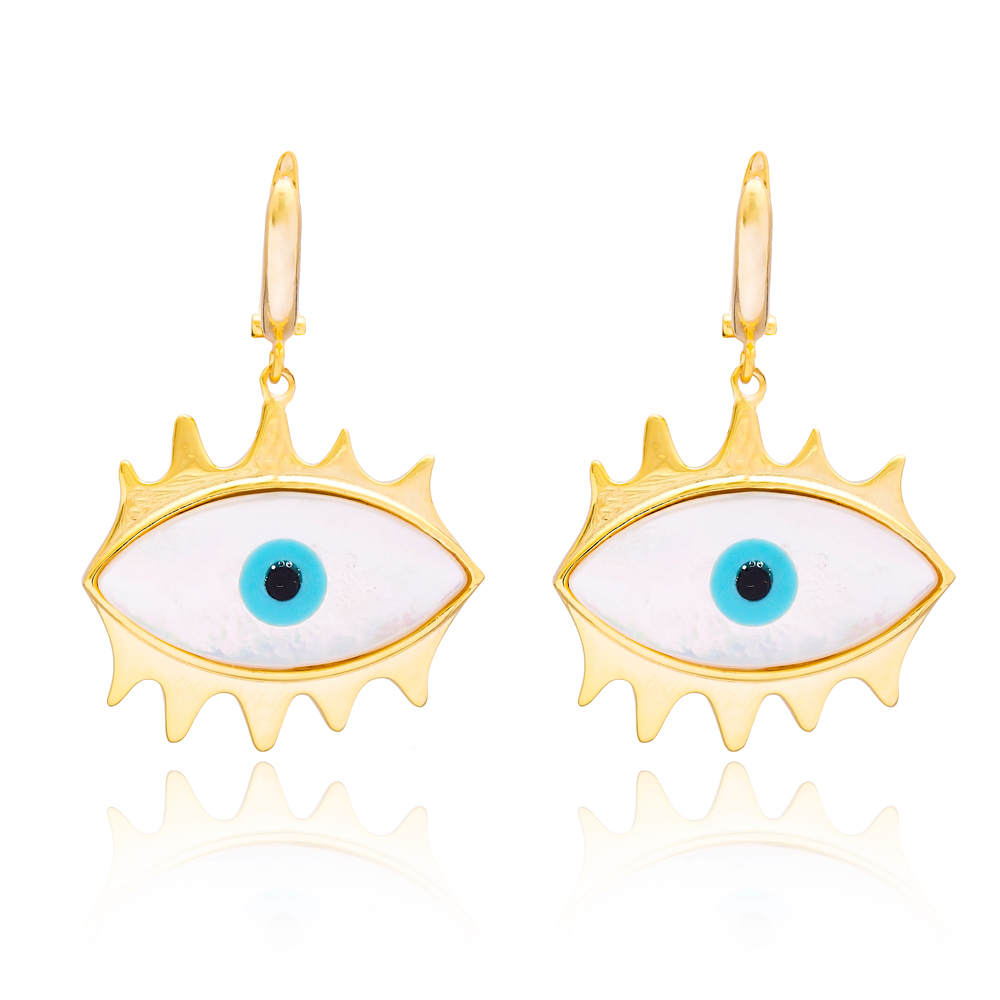 Evil Eye Design Earring In Mother of Pearl Turkish Wholesale 925 Sterling Silver Earring