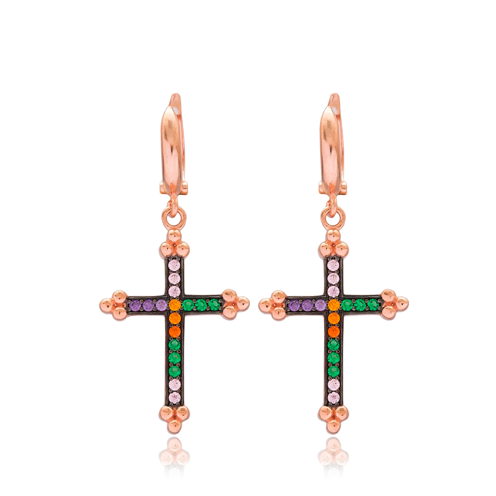 Rainbow Cross Design Dangle Earrings Turkish Wholesale Handmade 925 Sterling Silver Jewelry