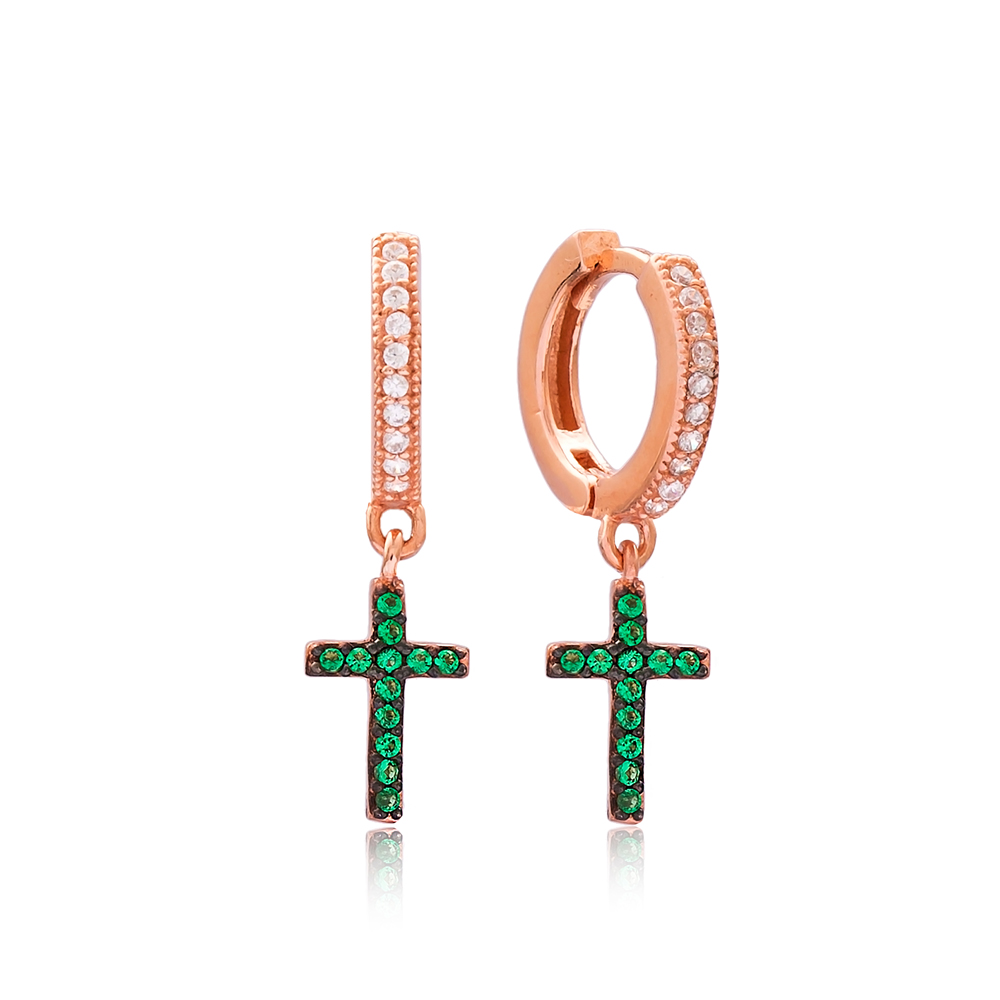 Emerald Stone Cross Design Turkish Wholesale Handmade 925 Sterling Silver Earrings