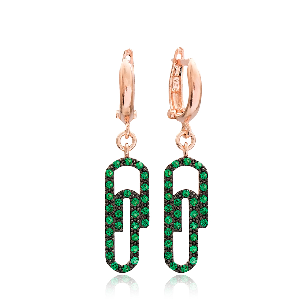 Emerald Stone Paperclip Design Turkish Wholesale Handmade 925 Sterling Silver Dangle Earrings