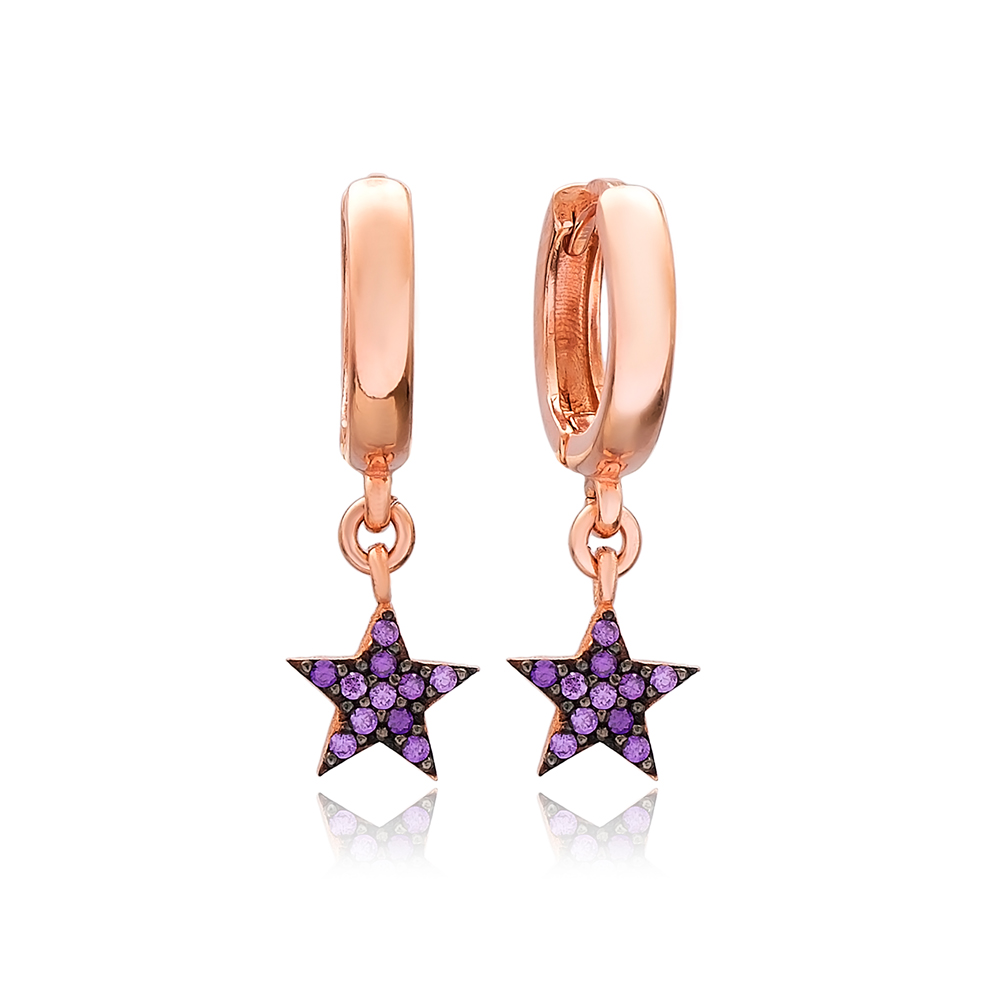 Amethyst Stone Minimalist Star Design Turkish Wholesale Handmade 925 Sterling Silver Dangle Earrings