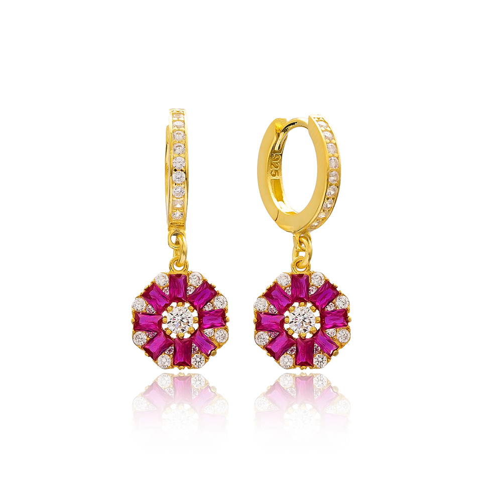 Flower Design Ruby Stone 925 Sterling Silver Wholesale Turkish Dangle Earring