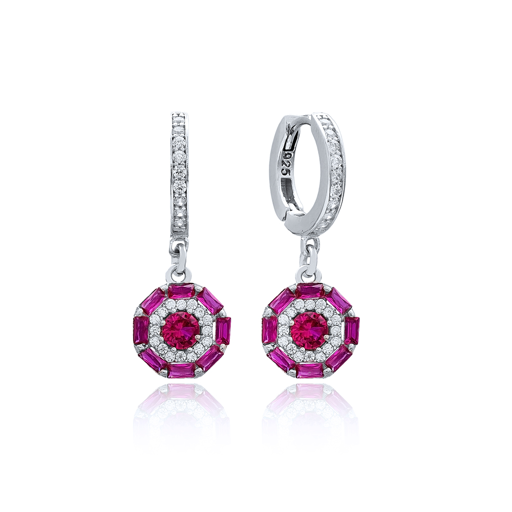 Ruby Stone Baguette Dainty Design Dangle Earring Turkish Wholesale 925 Sterling Silver Jewelry