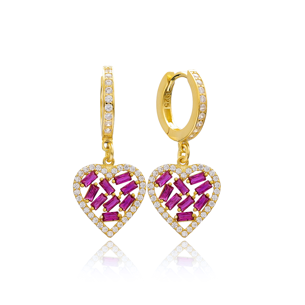 Ruby Stone Heart Design Baguette Wholesale Earring Turkish 925 Sterling Silver Jewelry