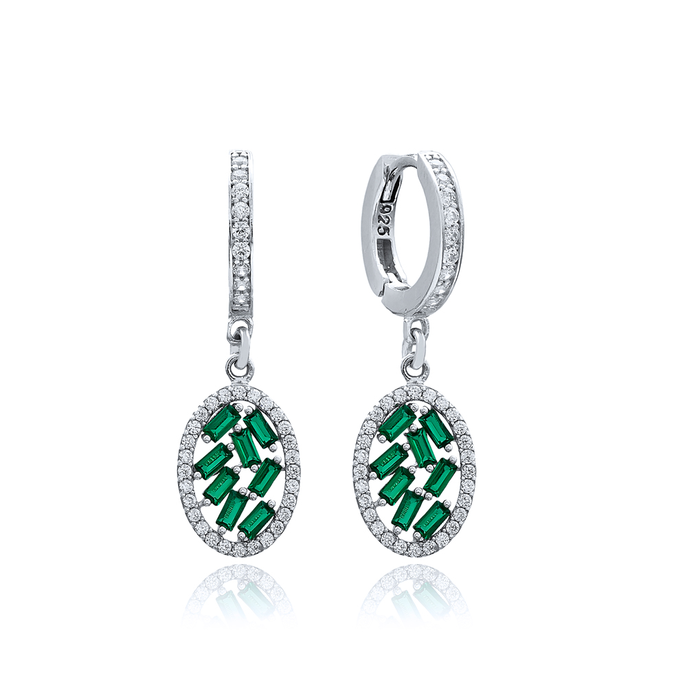 Oval Shape Emerald Stone Dangle Earring Turkish Wholesale 925 Sterling Silver Jewelry