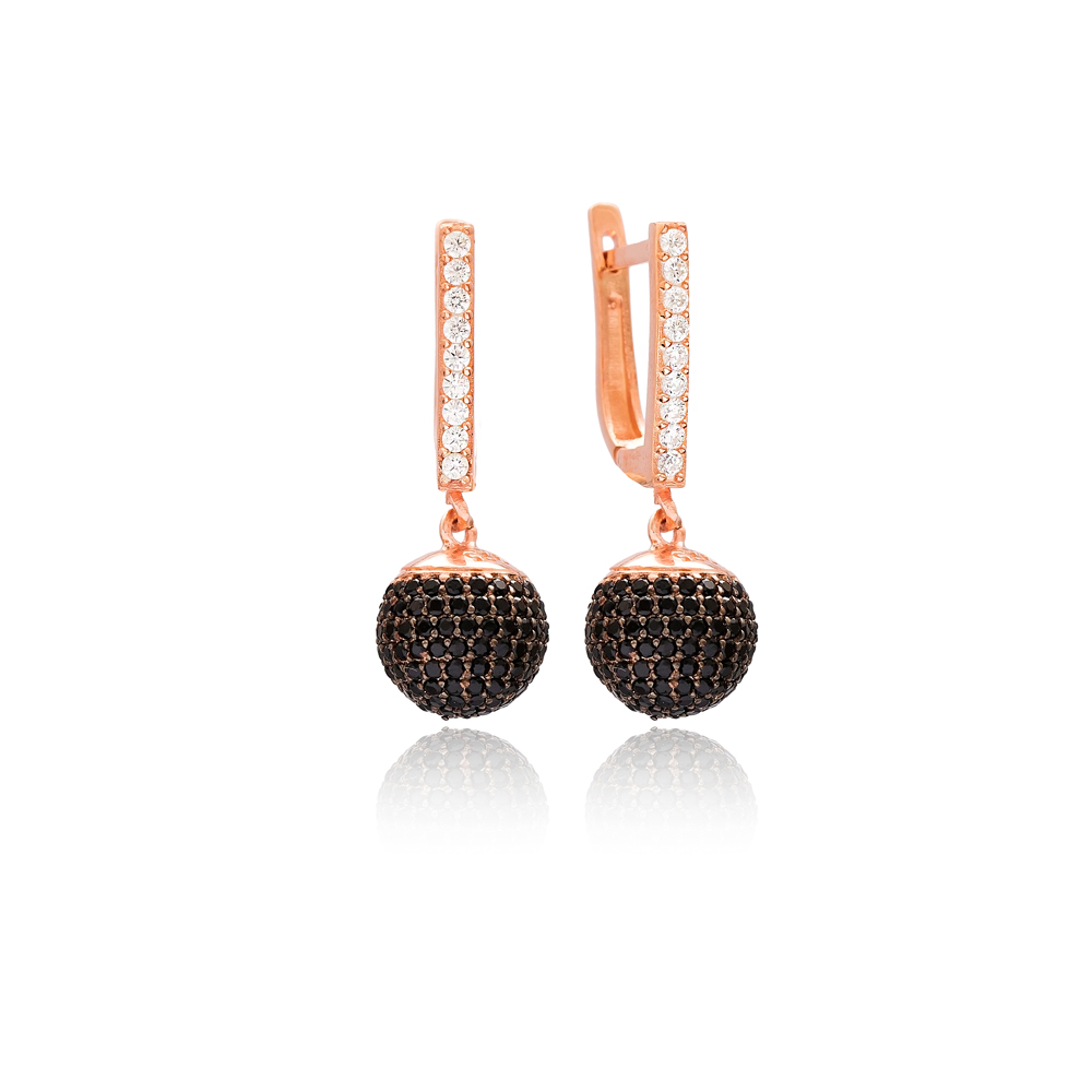 Black Zircon Round Elegant Design Dangle Earrings Wholesale 925 Silver Sterling Jewelry
