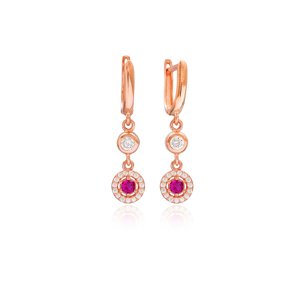 Round Design Zircon Ruby Stone Dangle Earrings Wholesale Turkish 925 Silver Sterling Jewelry