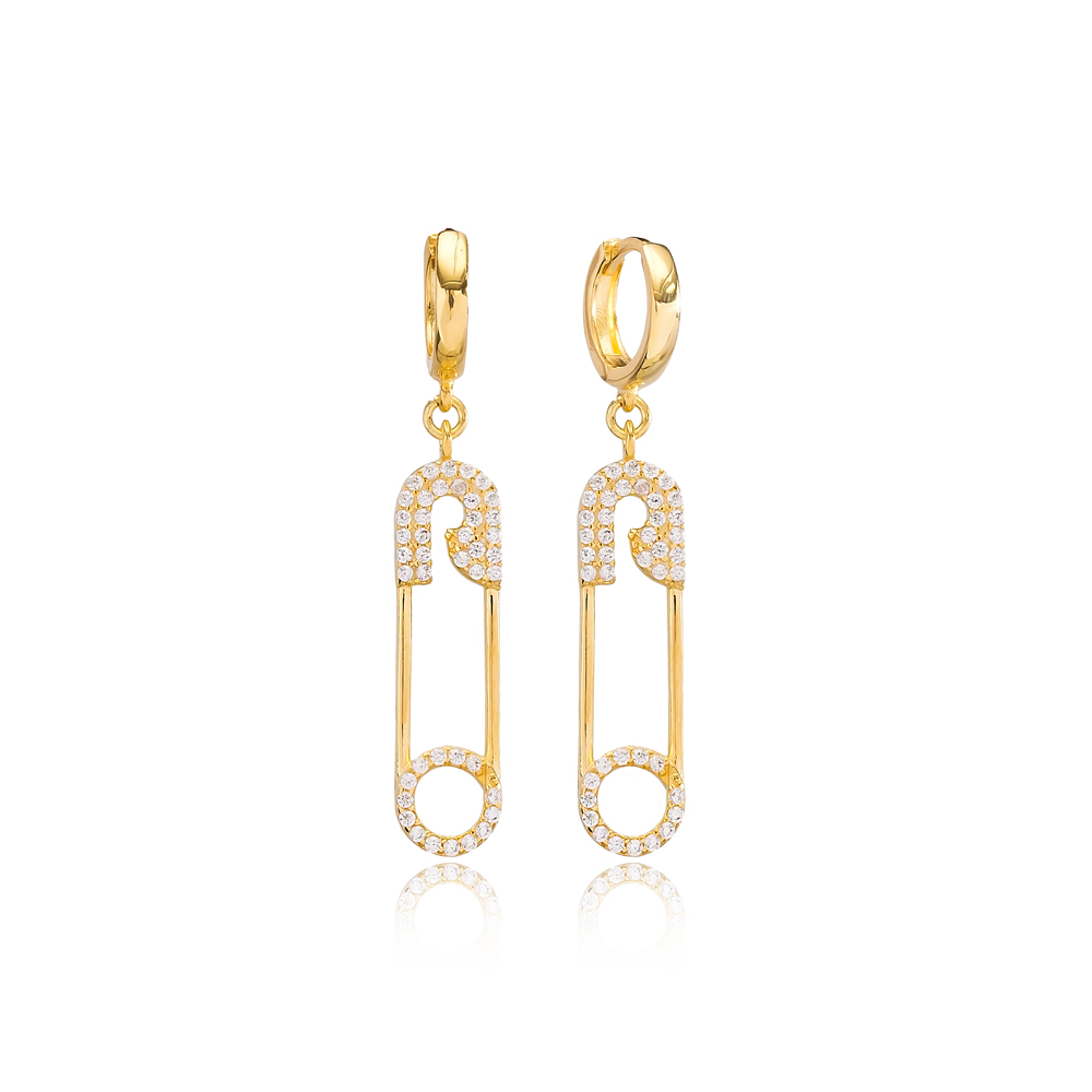 Trendy Safety Pin Zircon Dangle Earrings Wholesale Turkish Handmade 925 Sterling Silver Jewelry