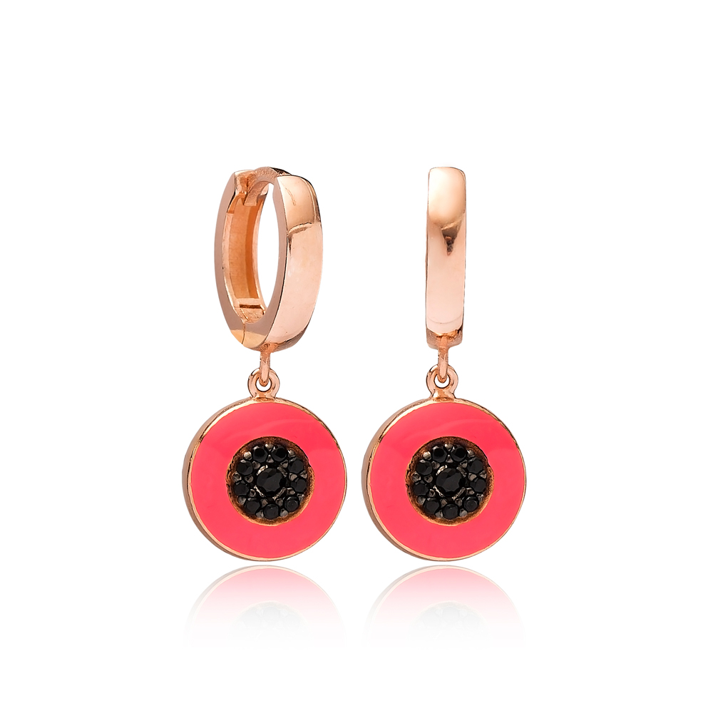 Round Black Zircon Enamel Dangle Earring Turkish Wholesale Handmade 925 Sterling Silver Jewelry