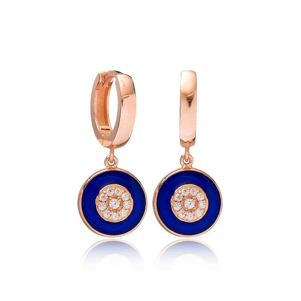 Dark Blue Enamel Round Zircon Dangle Earring Turkish Wholesale Handmade 925 Sterling Silver Jewelry