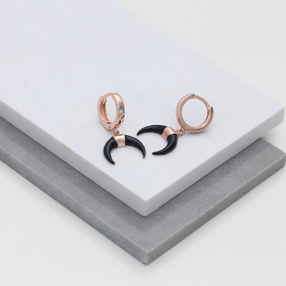 Horn Design Black Enamel Dangle Earring Turkish Wholesale Handmade 925 Sterling Silver Jewelry