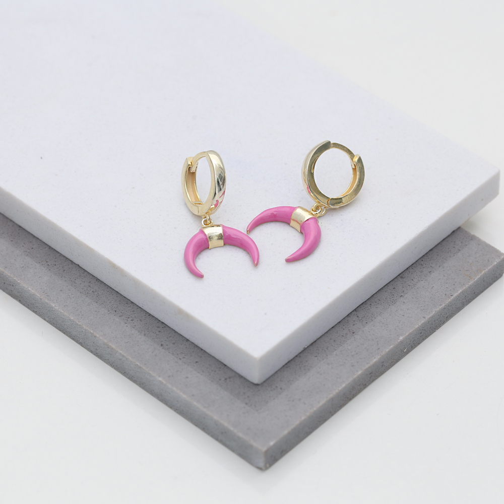 Horn Design Pink Enamel Dangle Earring Turkish Wholesale Handmade 925 Sterling Silver Jewelry