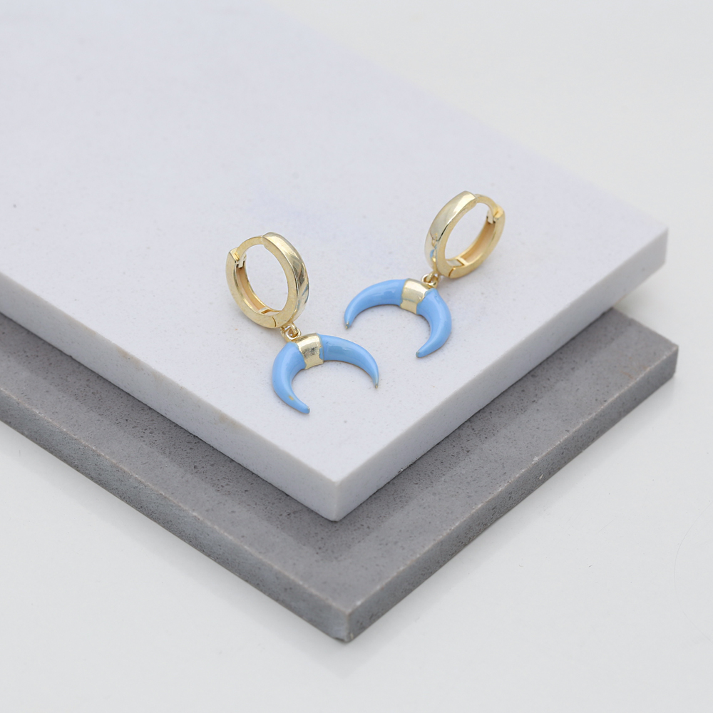 Horn Design Blue Enamel Dangle Earring Turkish Wholesale Handmade 925 Sterling Silver Jewelry