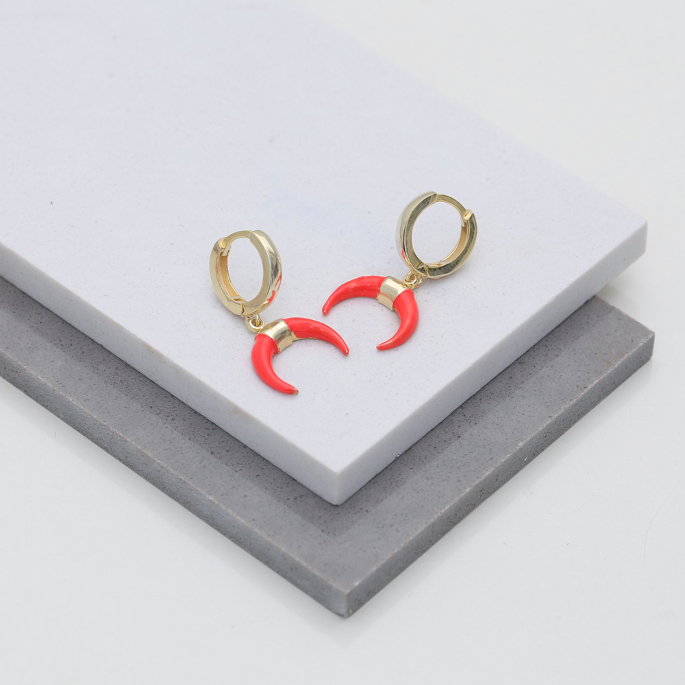Horn Design Red Enamel Dangle Earring Turkish Wholesale Handmade 925 Sterling Silver Jewelry