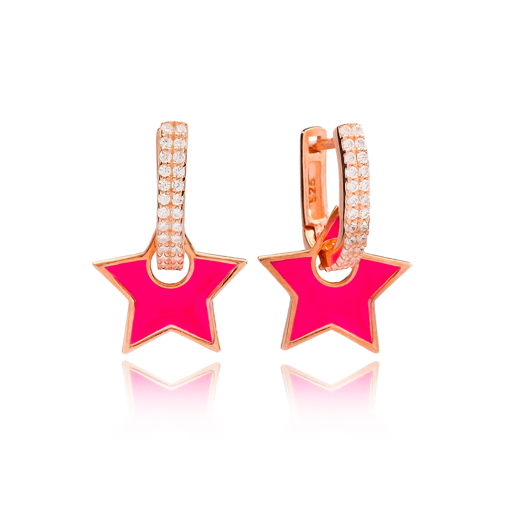 Magenta Enamel Star Charm Dangle Earring Turkish Wholesale Handmade 925 Sterling Silver Jewelry