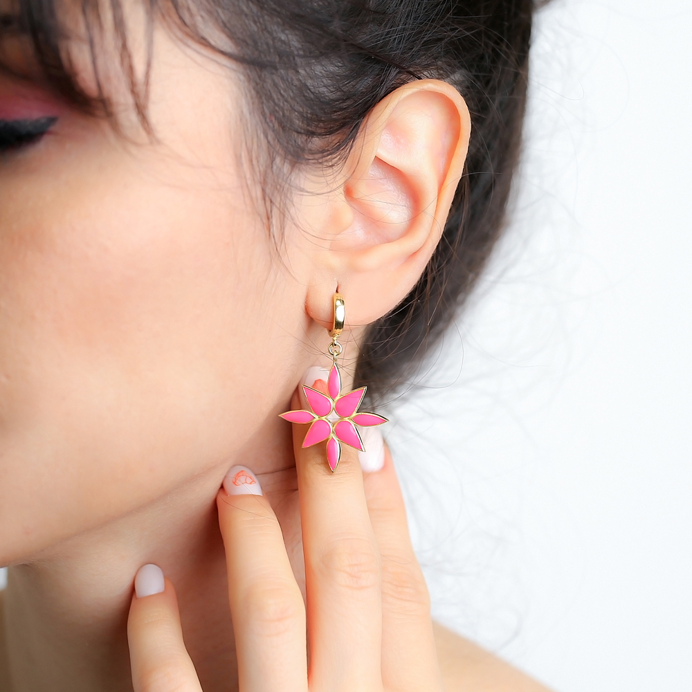 Magento Pink Enamel Dangle Earring Turkish Wholesale Handmade 925 Sterling Silver Jewelry