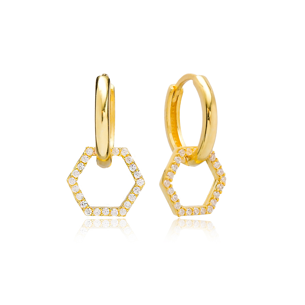 Geometric Hexagon Design Zircon Stone Dangle Earrings Turkish Handmade Wholesale 925 Sterling Silver Jewelry