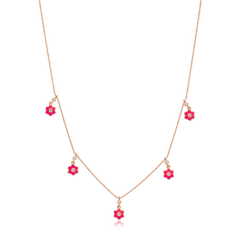 Pink Enamel Flower Charm Jewelry Wholesale Handmade 925 Silver Sterling Necklace