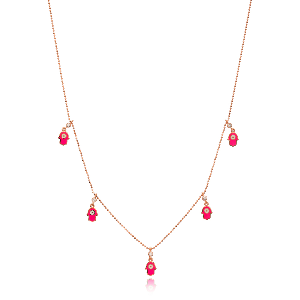 Pink Enamel Hamsa Charm Jewelry Wholesale Handmade 925 Silver Sterling Necklace