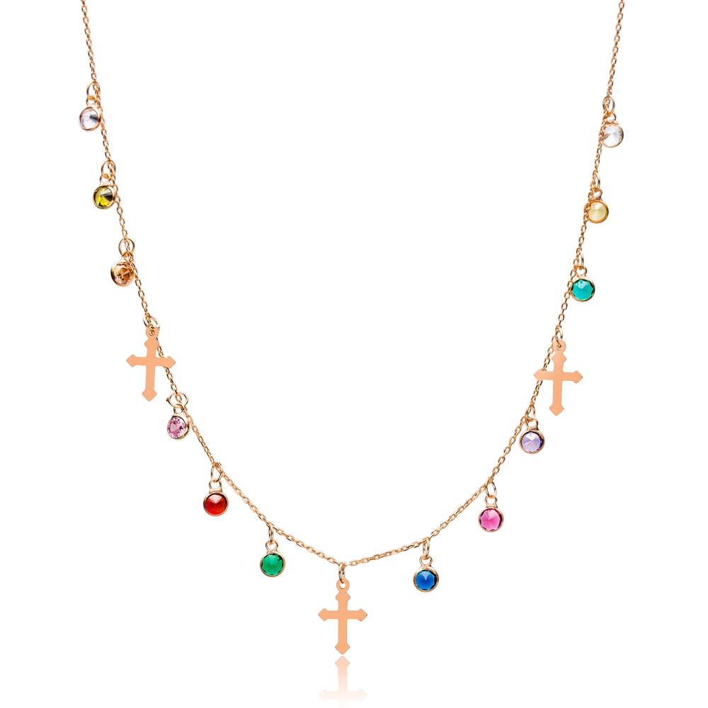 Colorful Stone Elegant Cross Design Shaker Necklace Wholesale Turkish Handcrafted 925 Silver Jewelry