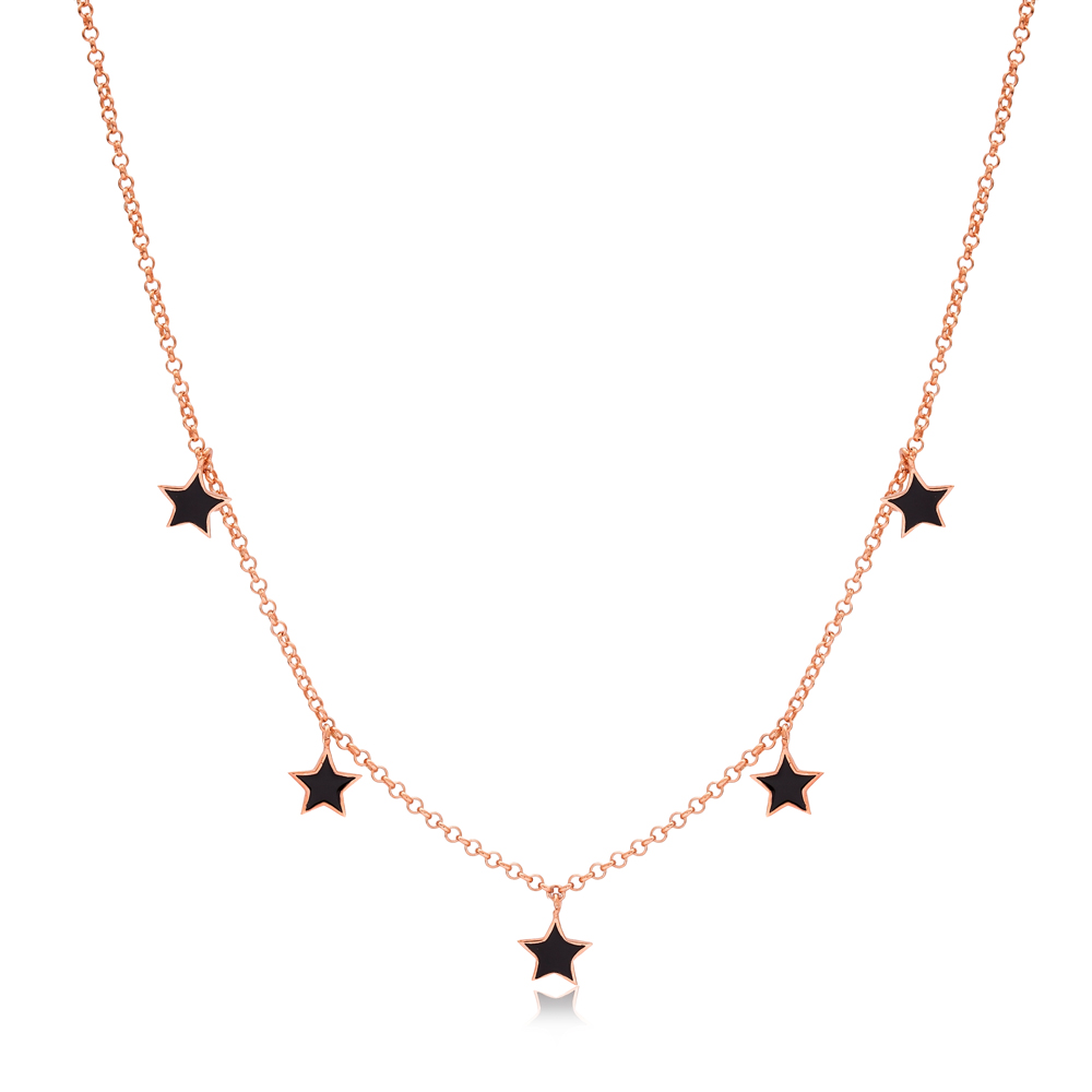8x8 mm Size Black Enamel Star Design Charm Shaker Necklace Wholesale Turkish Handcrafted 925 Silver Jewelry