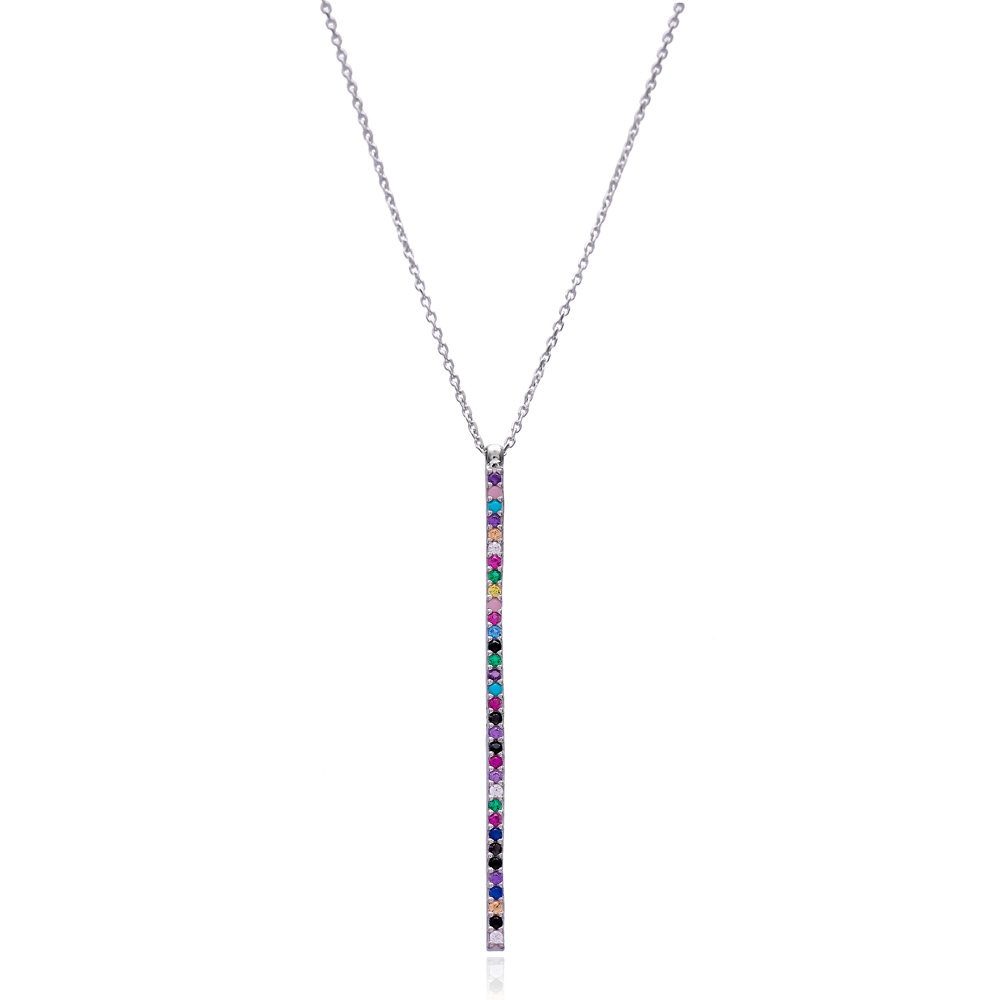 Thin Pave Bar Mix Stone Turkish Wholesale Silver Pendant