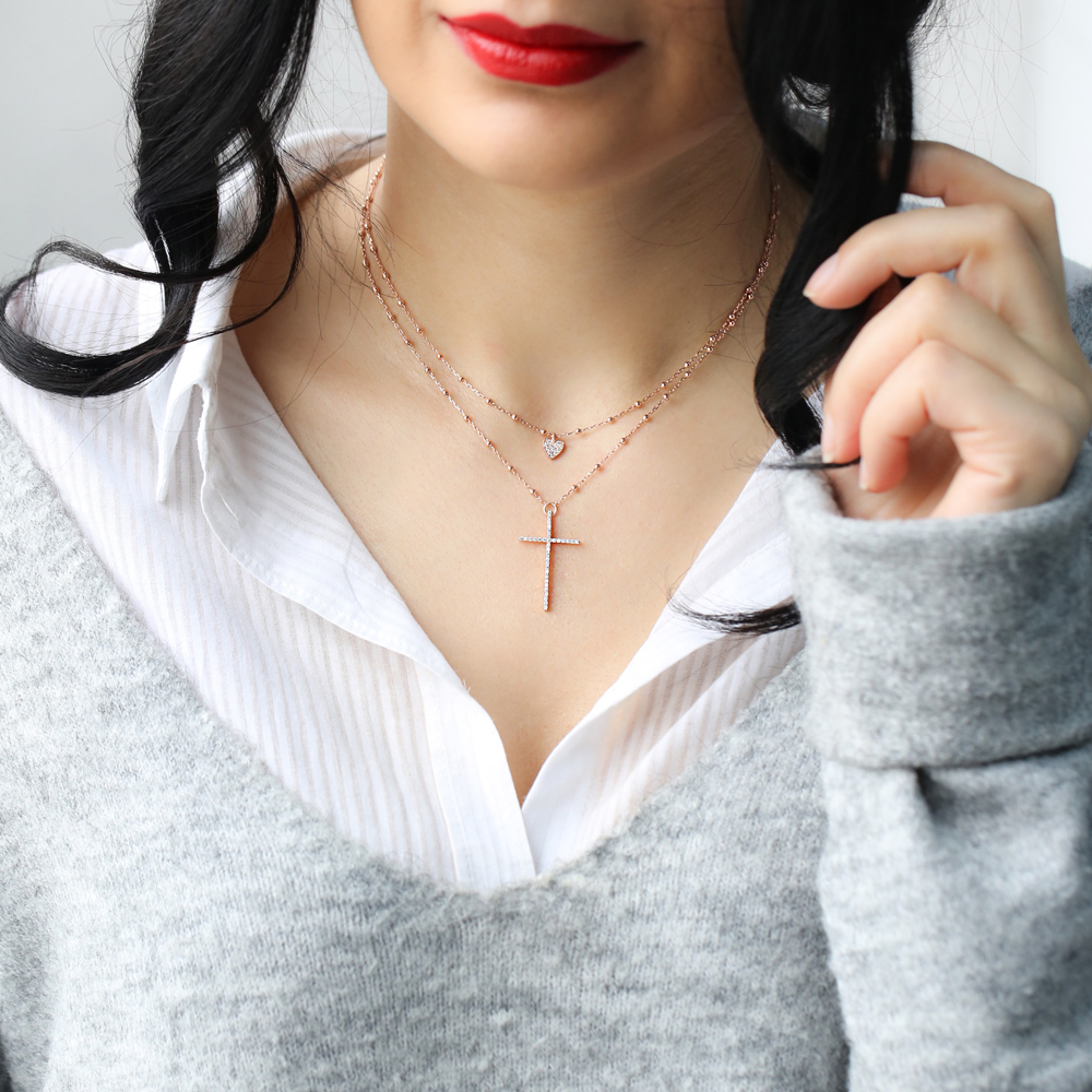 Stoned Layered Cross Pendant Turkish Wholesale Handmade 925 Sterling Silver Jewelry