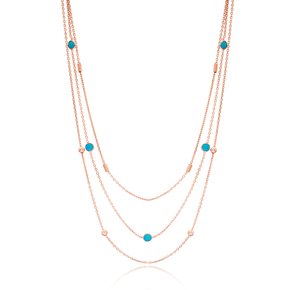 Turquoise Multi Layered Turkish Fashion 925 Sterling Silver Necklace