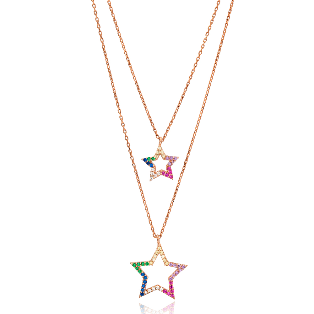 Rainbow Stone Star Charm Design Layered Necklace Wholesale 925 Sterling Silver Jewelry