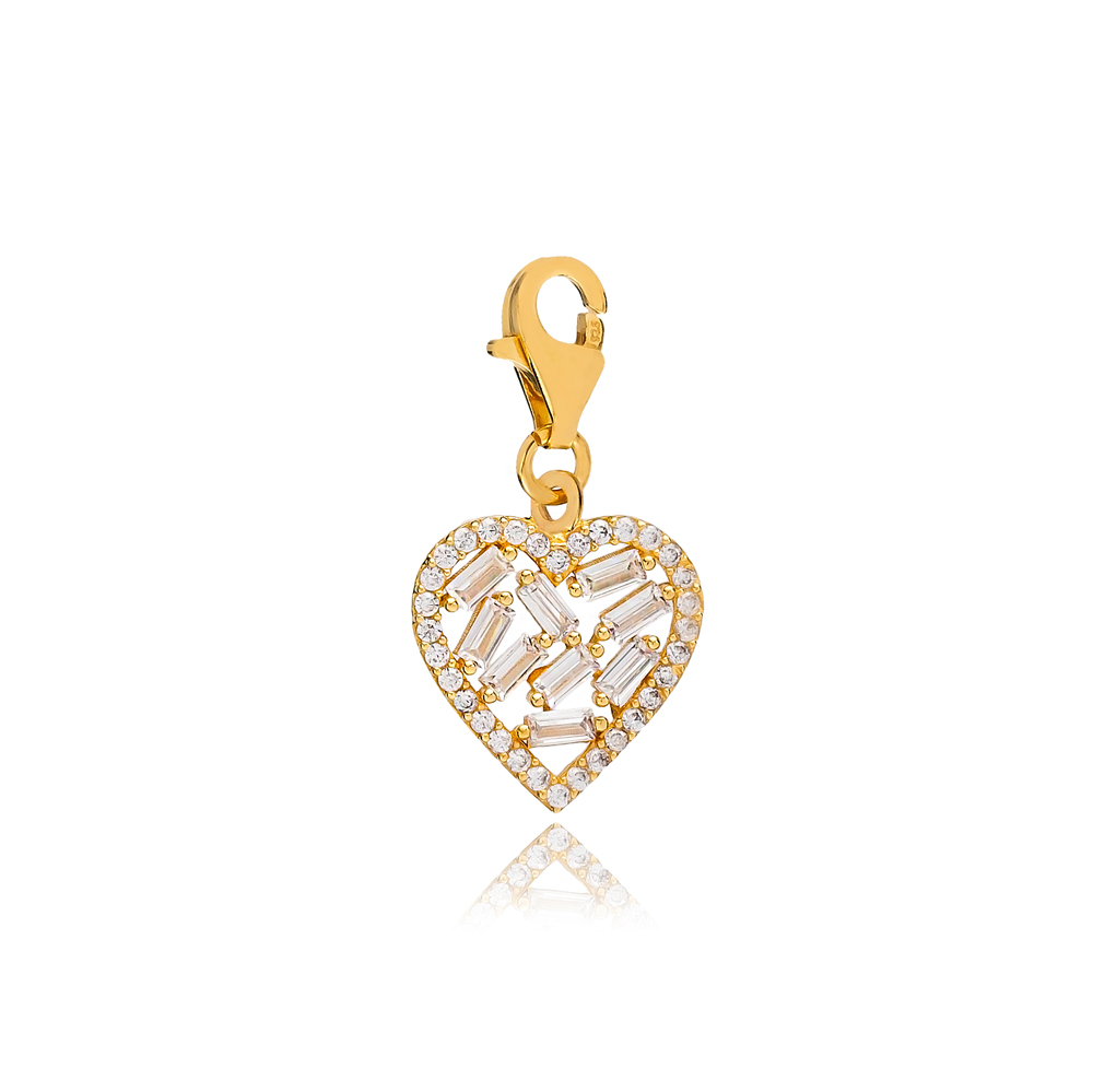Heart With Baguette Stone Charm Wholesale Handmade Turkish 925 Silver Sterling Jewelry