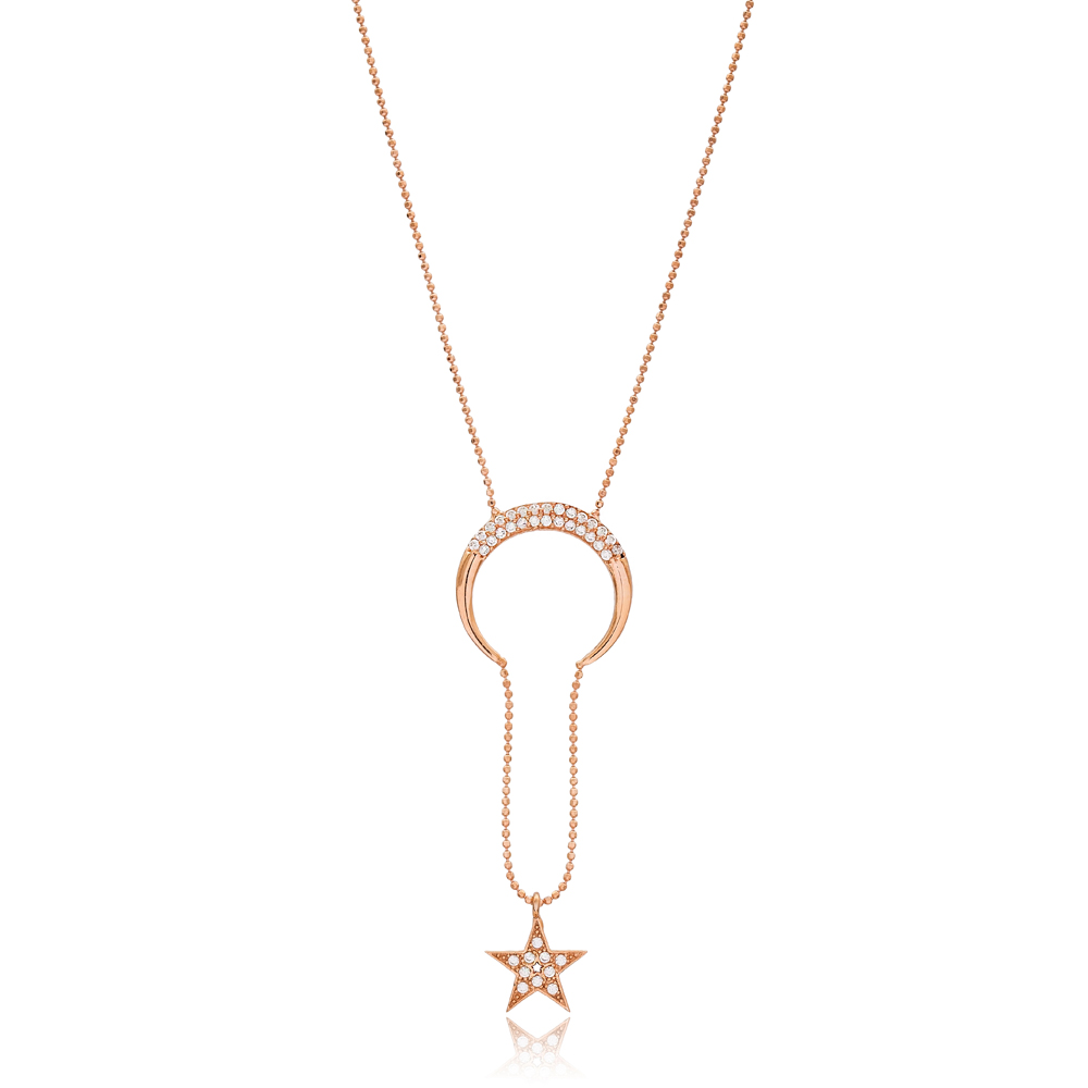 Moon and Star Design Dainty Pendant Wholesale Turkish 925 Silver Sterling Necklace