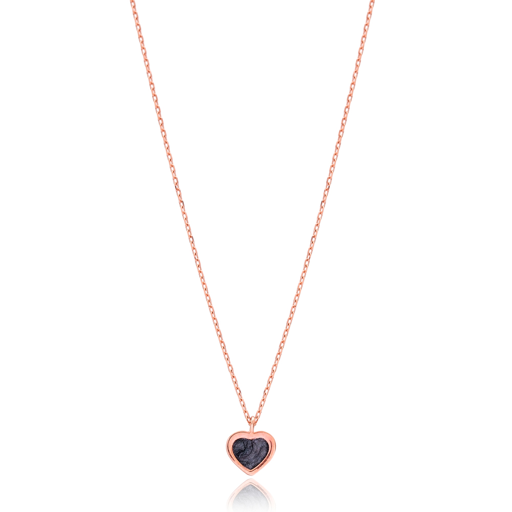 Mother of Pearl Black Enamel Heart Design Necklace Wholesale Turkish Sterling Silver Pendant