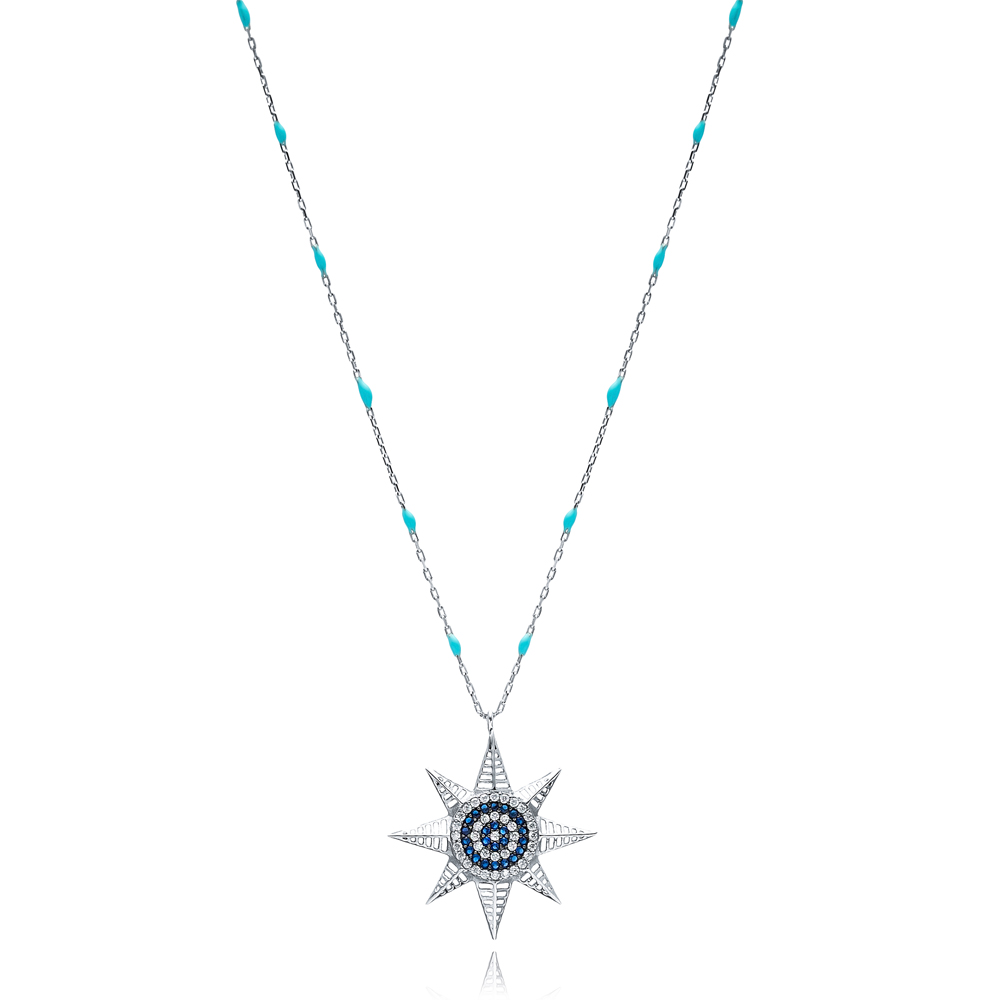 North Star Charm Blue Enamel Chain Necklace Turkish Wholesale 925 Sterling Silver Jewelry