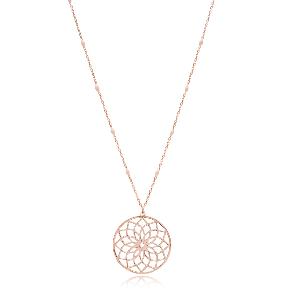 Fashionable Mandala Design Pink Enamel Chain Necklace Turkish Wholesale 925 Sterling Silver Jewelry