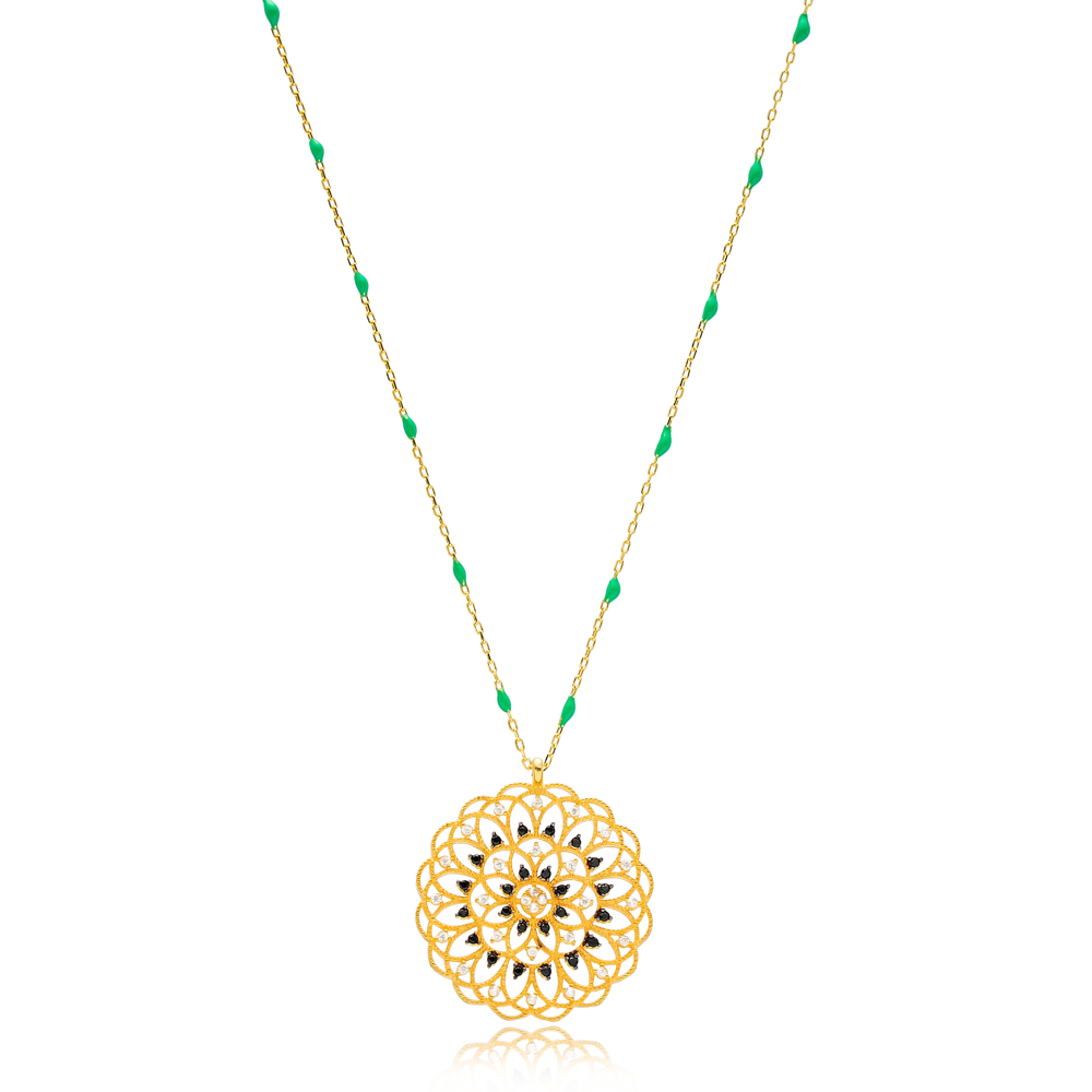 Trendy Mandala Design Green Enamel Chain Necklace Turkish Wholesale 925 Sterling Silver Jewelry