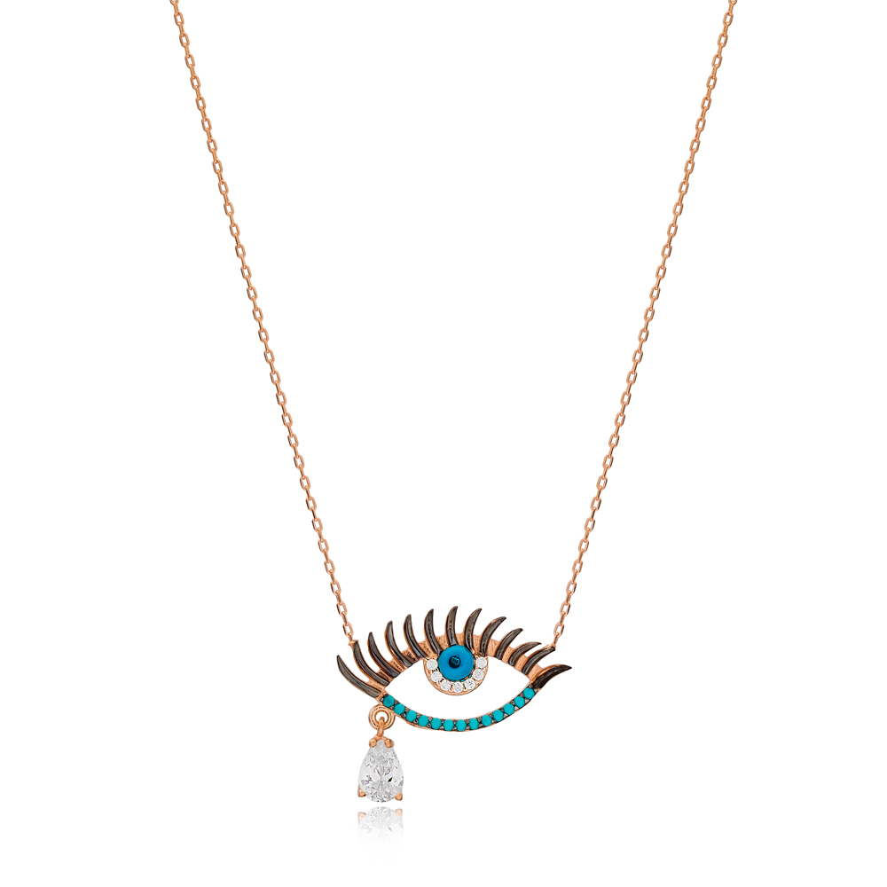 Turquoise Stone Eye And Drop Cut Zircon Stone Design Charm Necklace Wholesale Turkish 925 Sterling Silver Jewelry