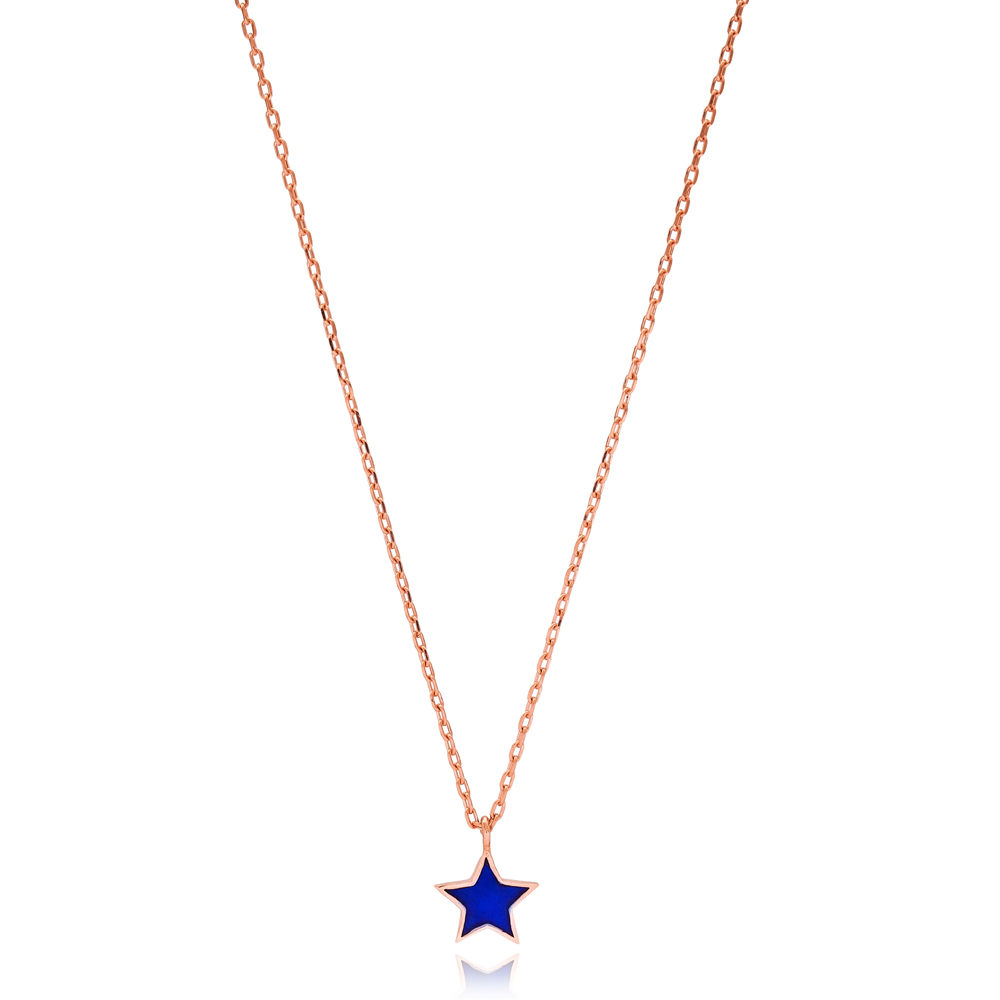 Dainty Navy Blue Enamel Star Design Necklace Turkish Wholesale 925 Sterling Silver Jewelry