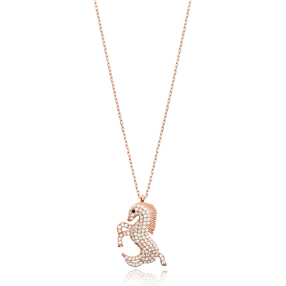 Horse Design Zircon Stone Charm Necklace Turkish Handmade Wholesale 925 Sterling Silver Jewelry