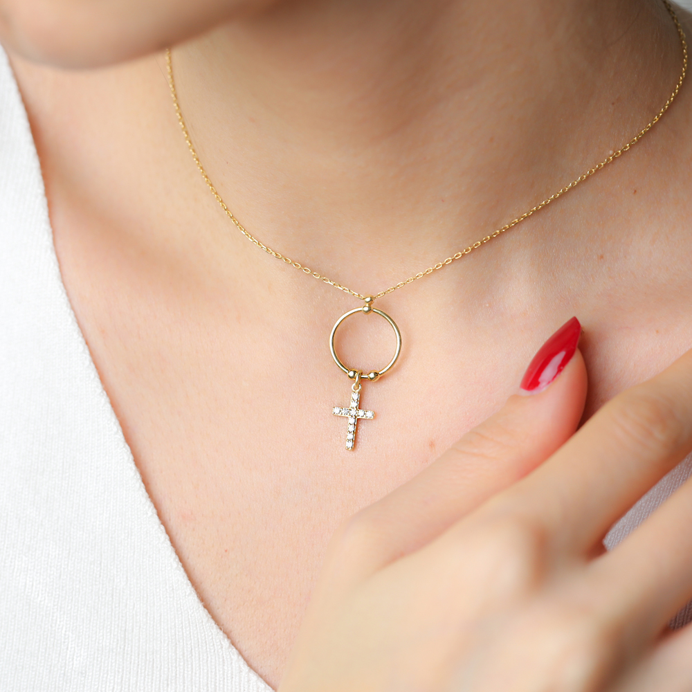 Fashionable Ringed Cross Design Charm Necklace Wholesale Turkish 925 Sterling Silver Jewelry