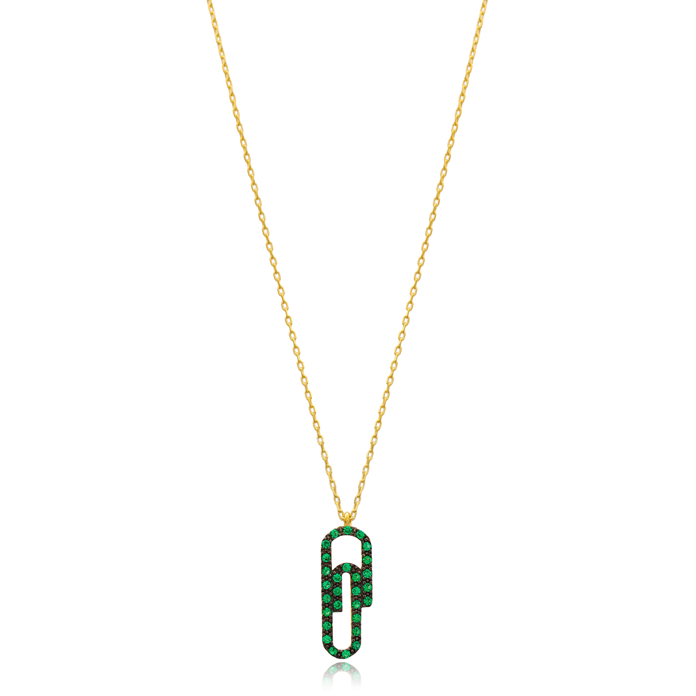 Paperclip Design Emerald Stone Minimalist Pendant Wholesale Handmade 925 Silver Sterling Necklace