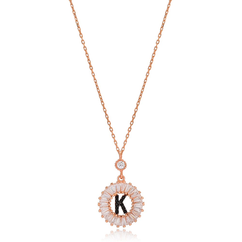 Alphabet K Letter Baguette Stone Design Necklace Turkish Wholesale Handmade 925 Sterling Silver Jewelry