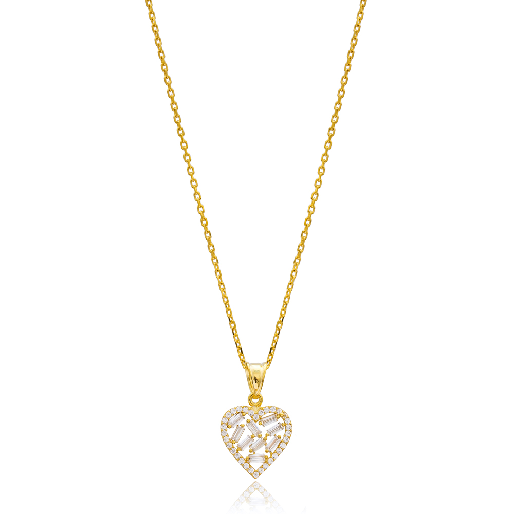 Trendy Baguette Heart Design Zircon Stone 925 Sterling Silver Wholesale Necklace